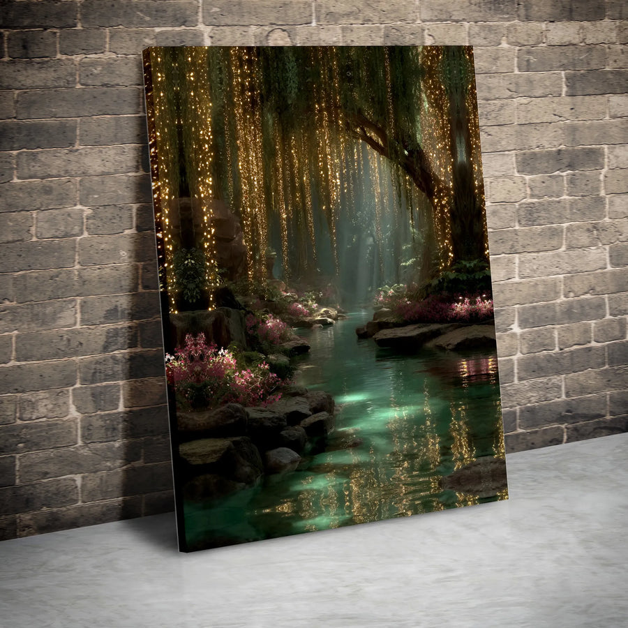 Enchanted Forest River Canvas Art | Glowing Willow Tree Fairy Lights Print | Premium Fade-Resistant Gallery Wrap | Whimsical Nature Home Decor