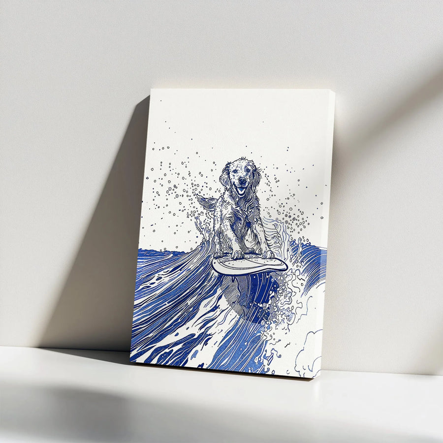 Surfing Golden Retriever Canvas Wall Art | Blue Ink Sketch Style | Premium Gallery Wrap | Coastal Home Decor Gift for Dog Lovers