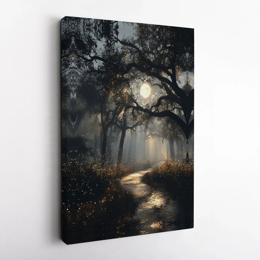 Enchanted Forest Canvas Wall Art | Mystical Moonlit Path & Fireflies | Premium Gallery Wrapped Art | Gothic Home Decor Gift