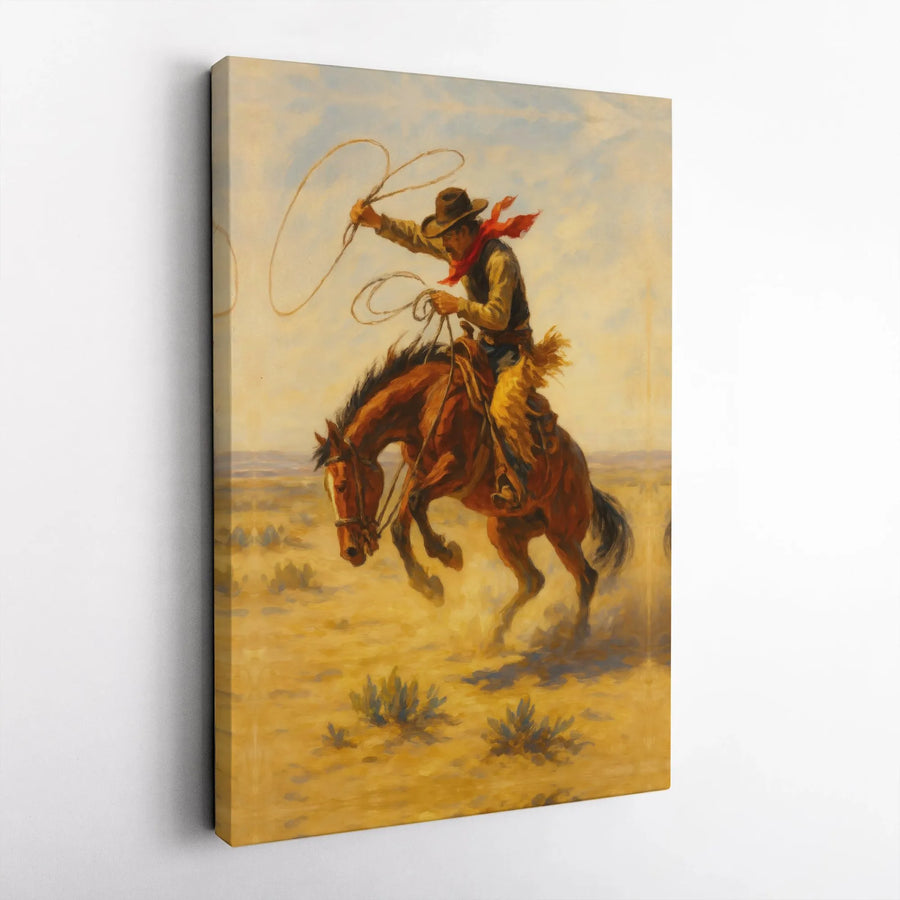 Western Cowboy Canvas Wall Art | Vintage Rodeo Scene with Lasso | Premium Gallery Wrap Canvas | Ranch House Decor Gift for Men