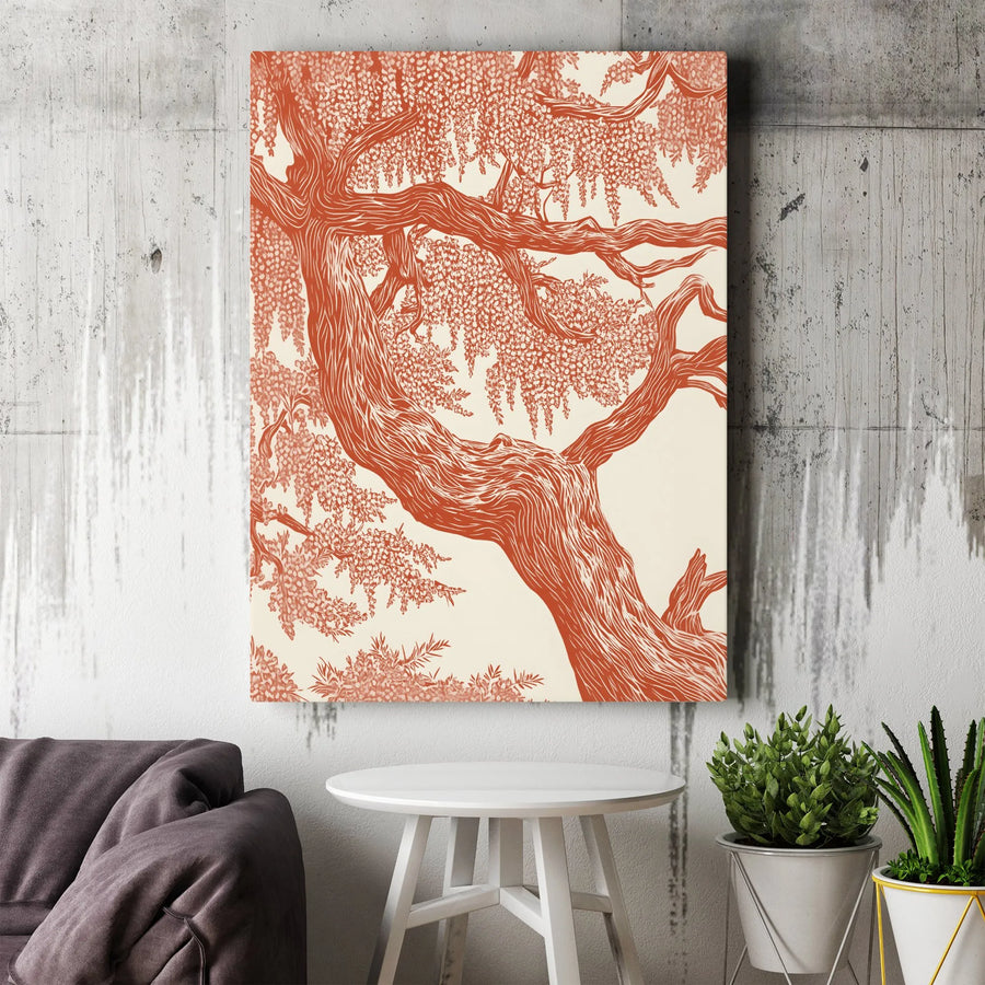 Wisteria Tree Canvas Wall Art | Orange Linocut Style Botanical Print | Premium Fade-Resistant 1.25" Gallery Wrap | Modern Home Decor Gift