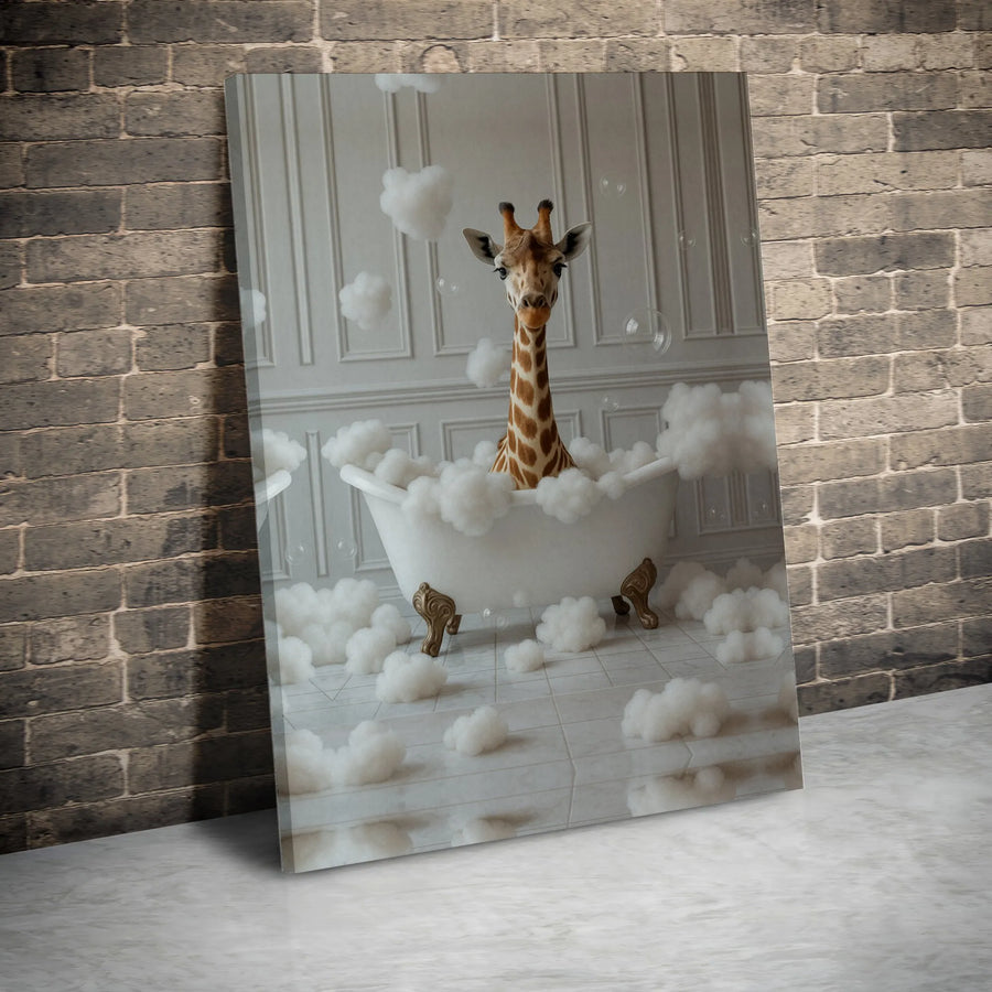 Giraffe in Bathtub Wall Art | Whimsical Animal Bathroom Decor | Premium Gallery Wrapped Canvas | Fun Nursery & Home Gift