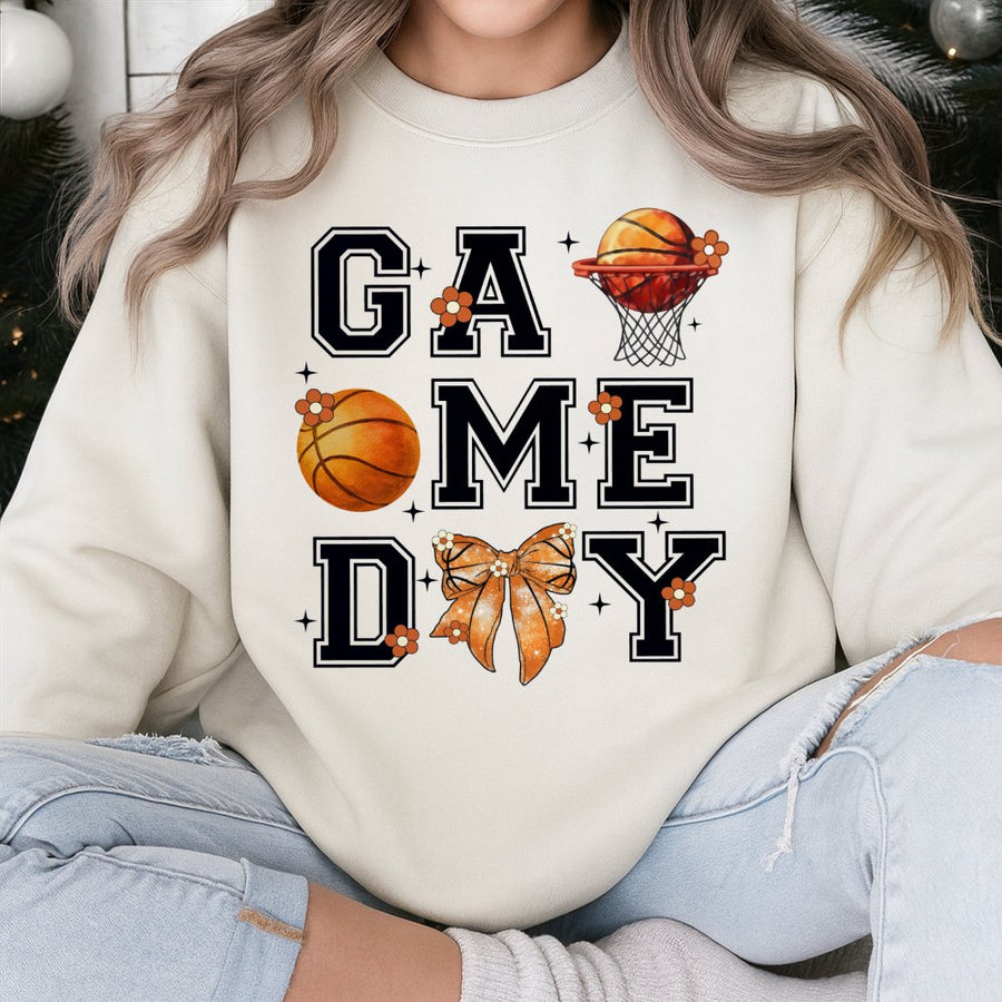 Game Day Basketball Sweatshirt | Retro Coquette Bow Graphic | Premium Cotton Blend | Cute Gift for Basketball Moms and Fans