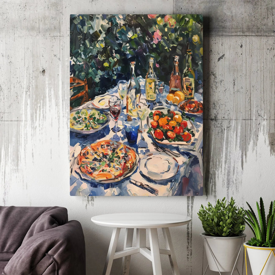 Italian Garden Lunch Wall Art | Still Life Pizza And Wine Painting | Premium 1.25-Inch Gallery Canvas | Culinary Home Decor Gift