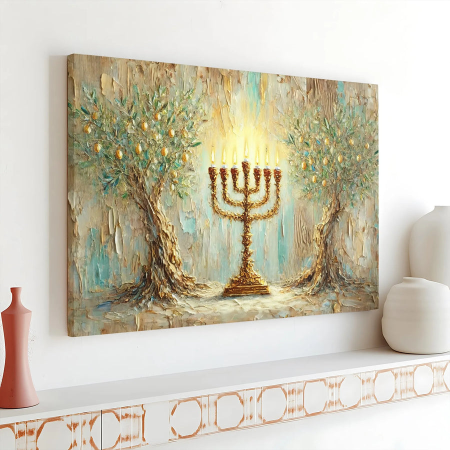 Menorah Canvas Wall Art | Golden Olive Tree Impasto Print | Gallery Wrapped 1.25" Frame | Jewish Home Decor Gift for Hanukkah