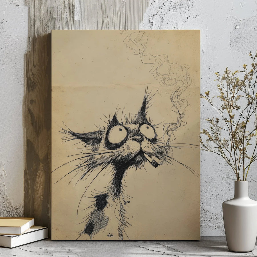 Smoking Cat Wall Art | Whimsical Bug-Eyed Sketch Canvas Print | Premium Gallery Wrap Decor | Quirky Gift for Cat Lovers