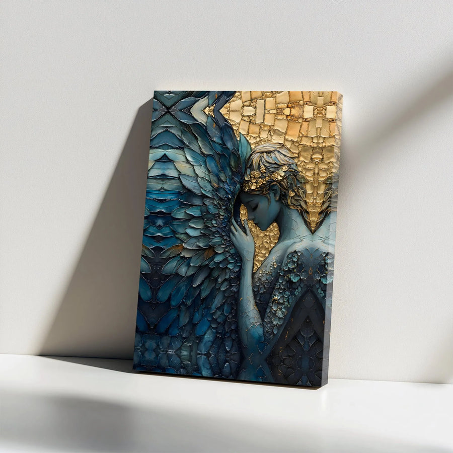Blue Angel Wall Art | Textured Golden Wings Canvas Print | Premium Gallery Wrapped Canvas | Spiritual Home Decor Gift