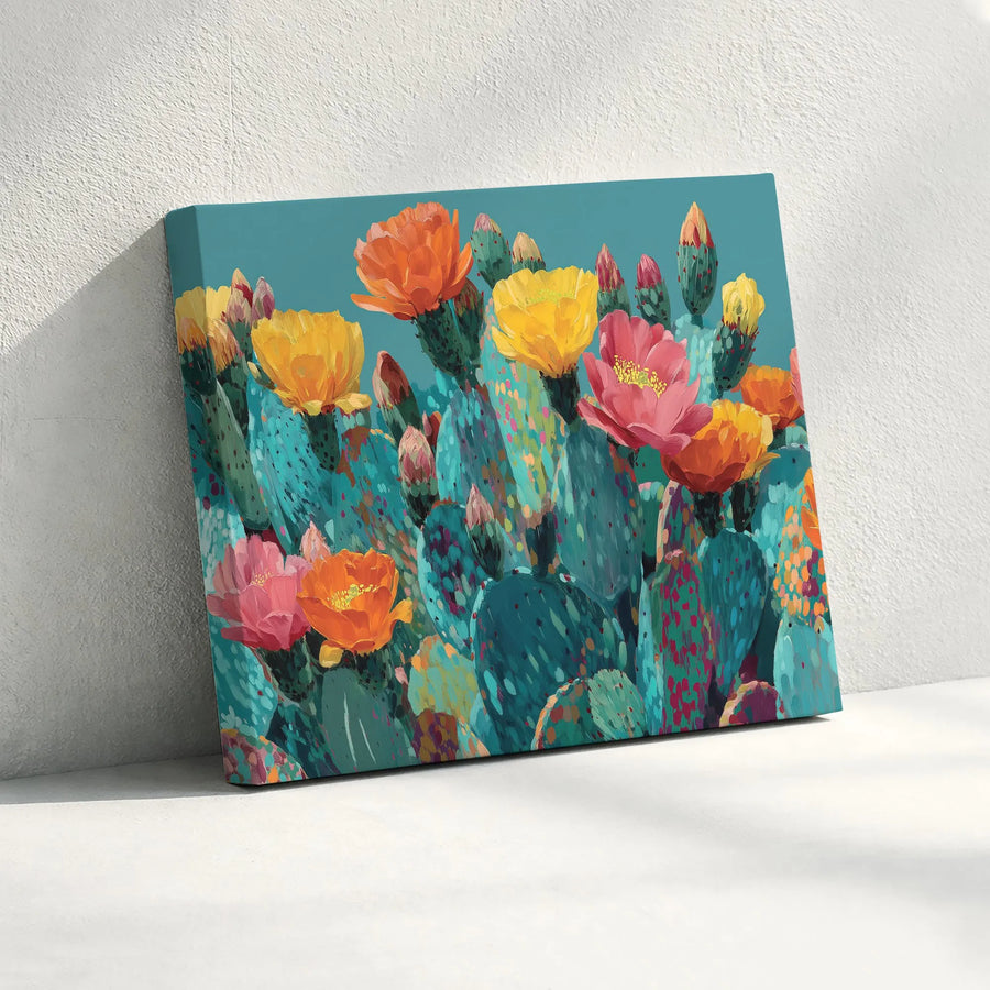 Blooming Prickly Pear Cactus Wall Art | Vibrant Desert Floral Painting | Premium Gallery-Wrap Canvas Print | Southwestern Home Decor Gift
