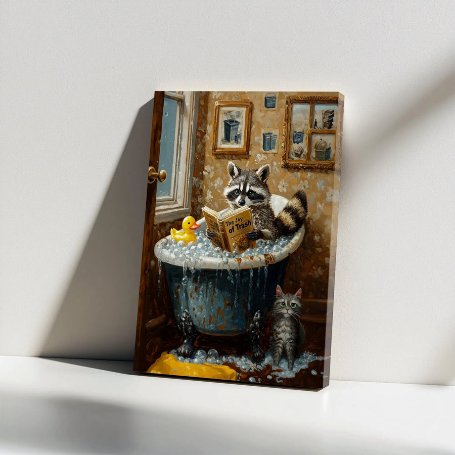 Funny Raccoon Reading Canvas Print | The Joy of Trash Bathroom Painting | Premium Thick Gallery Wrap | Unique Wall Decor Gift for Animal Lovers
