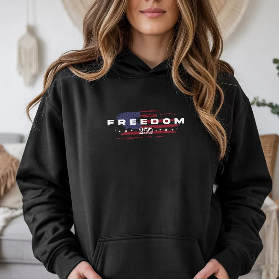 Freedom 250 Hoodie | Distressed American Flag Graphic | Premium Cotton Blend | Patriotic Gift for Men and Women