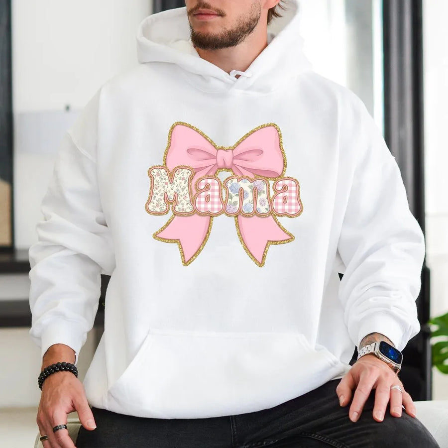 Mama Hoodie with Pink Bow | Cute Floral Gingham Design | Premium Cotton-Blend Sweatshirt | Mother's Day Gift for New Mom