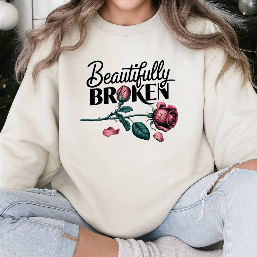 Beautifully Broken Rose Sweatshirt | Aesthetic Floral Graphic Crewneck | Cotton Blend Cozy Pullover | Meaningful Gift For Her And Him