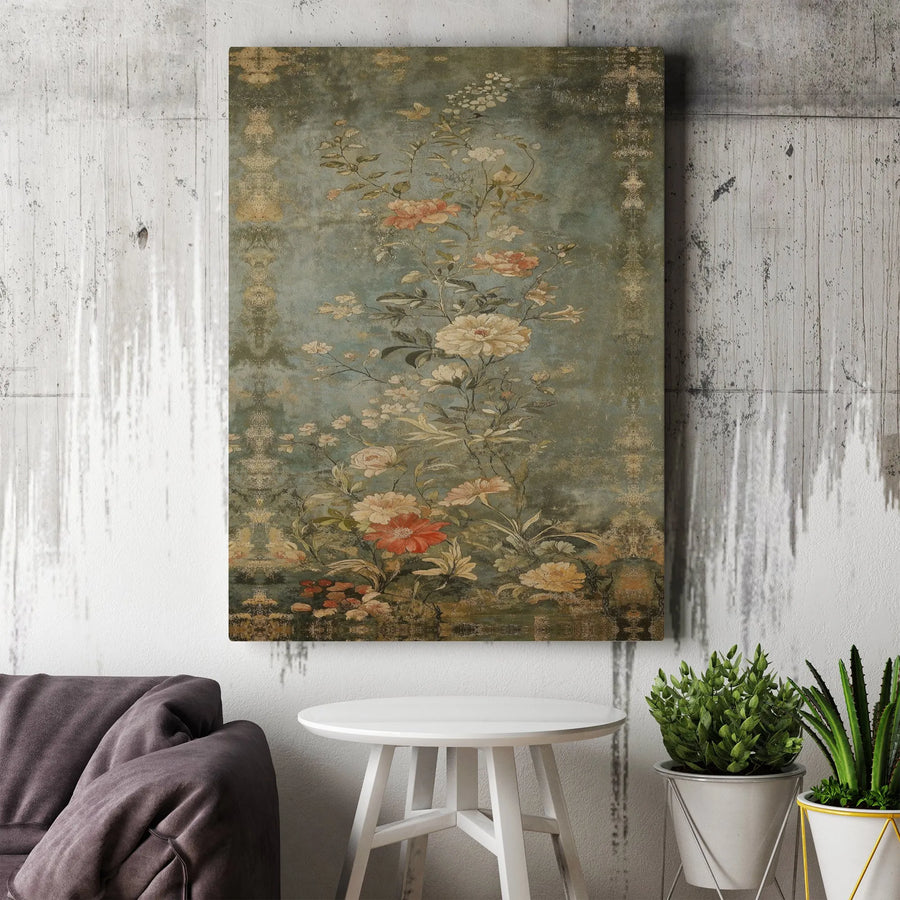 Vintage Chinoiserie Floral Canvas Art | Botanical Distressed Wall Decor | Premium 1.25 Inch Gallery Wrap | Elegant Living Room Statement Piece