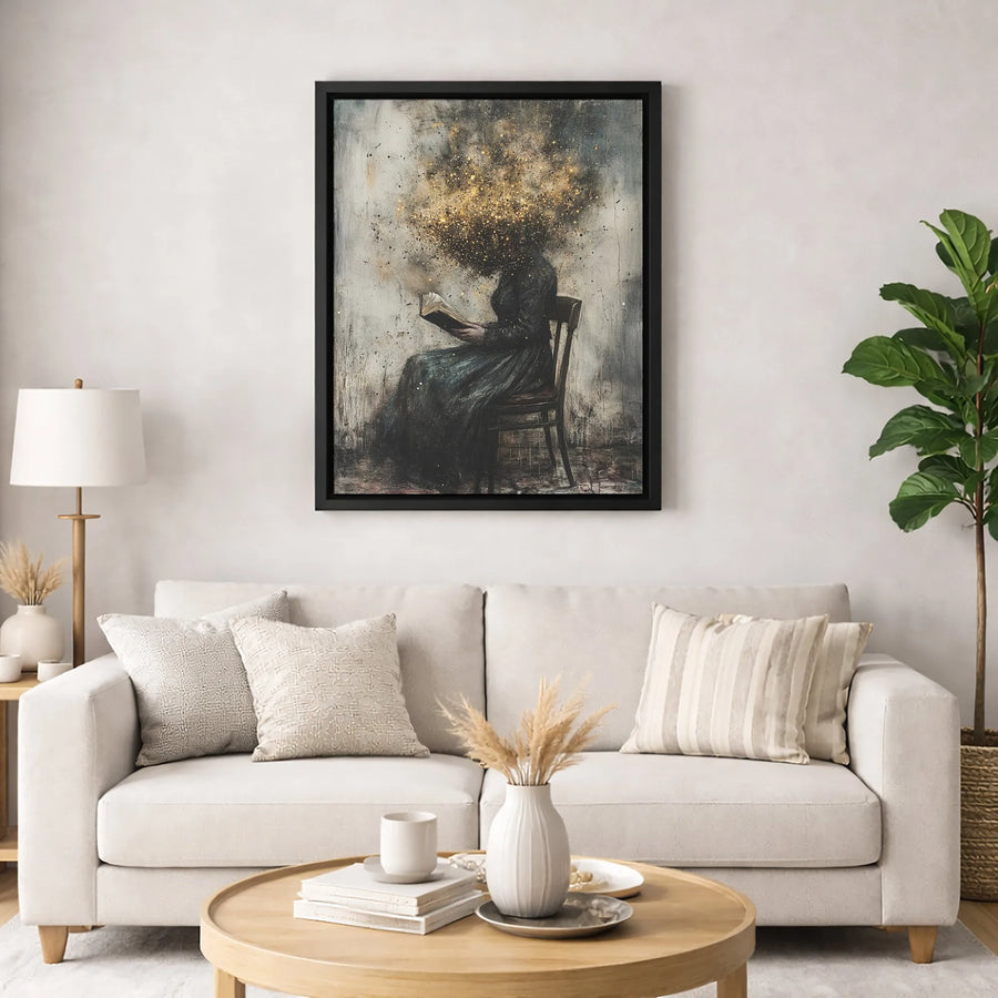 Surreal Woman Reading Book Canvas | Exploding Glitter Sparkle Head Wall Art | Premium Gallery Wrapped Decor | Unique Gift for Book Lovers