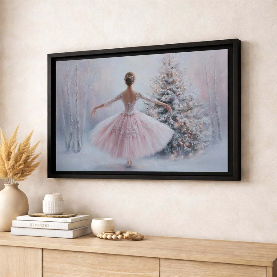 Ballerina Christmas Wall Art | Pink Tutu Dancer in Snowy Forest | Premium 1.25" Gallery Canvas | Elegant Holiday Home Decor Gift