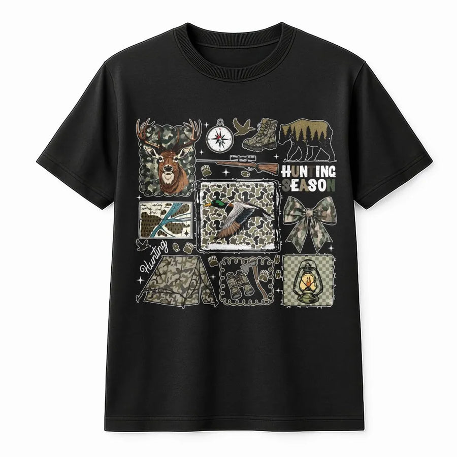 Hunting Season T-Shirt | Retro Camo Deer and Duck Graphic | Premium Soft Cotton | Outdoor Enthusiast Gift for Men and Women