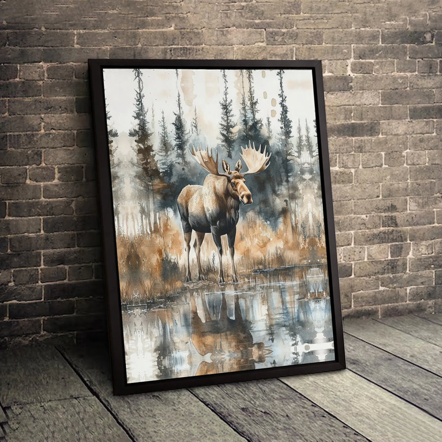 Watercolor Moose Canvas Wall Art | Rustic Forest Lake Wildlife Print | Premium Gallery-Wrapped Decor | Lodge Cabin Home Gift