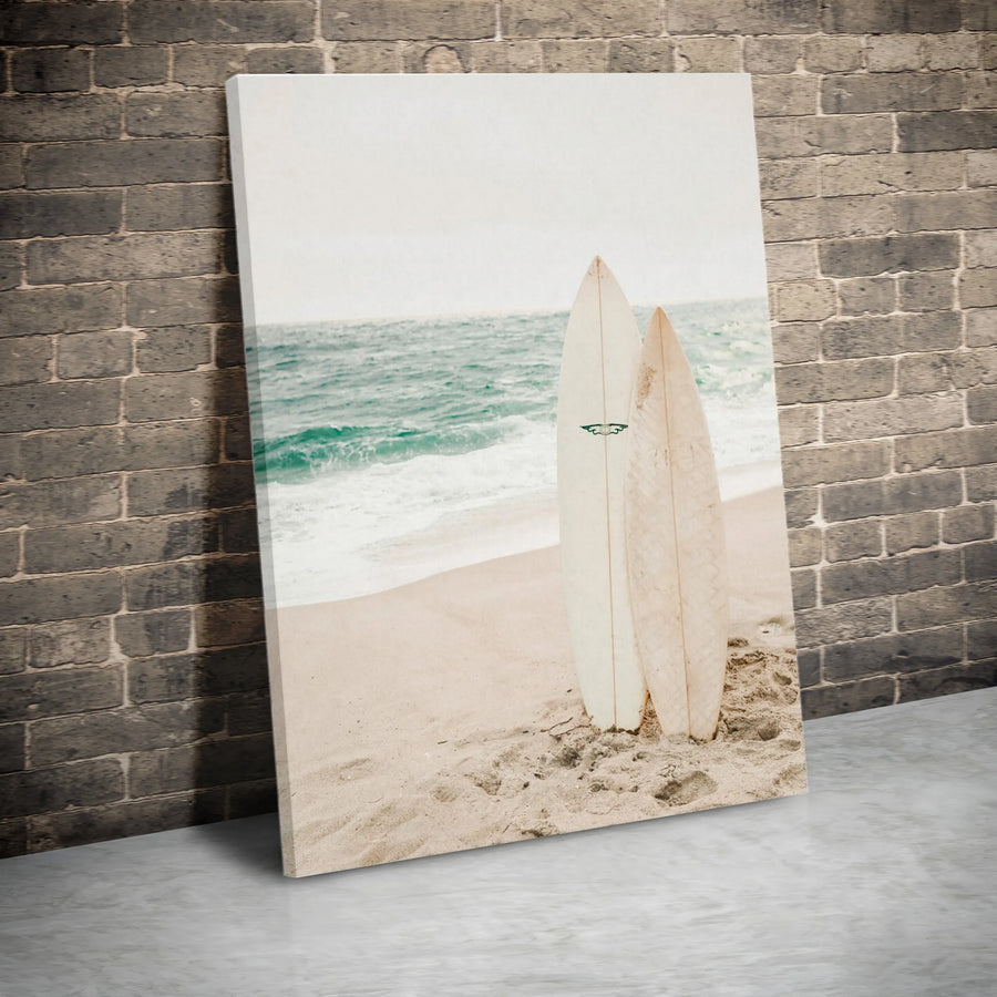 Surfboard Beach Vertical Canvas | Vintage Coastal Ocean Scene Print | Premium Gallery Wrap Wall Art | Coastal Home Decor Gift for Surfer