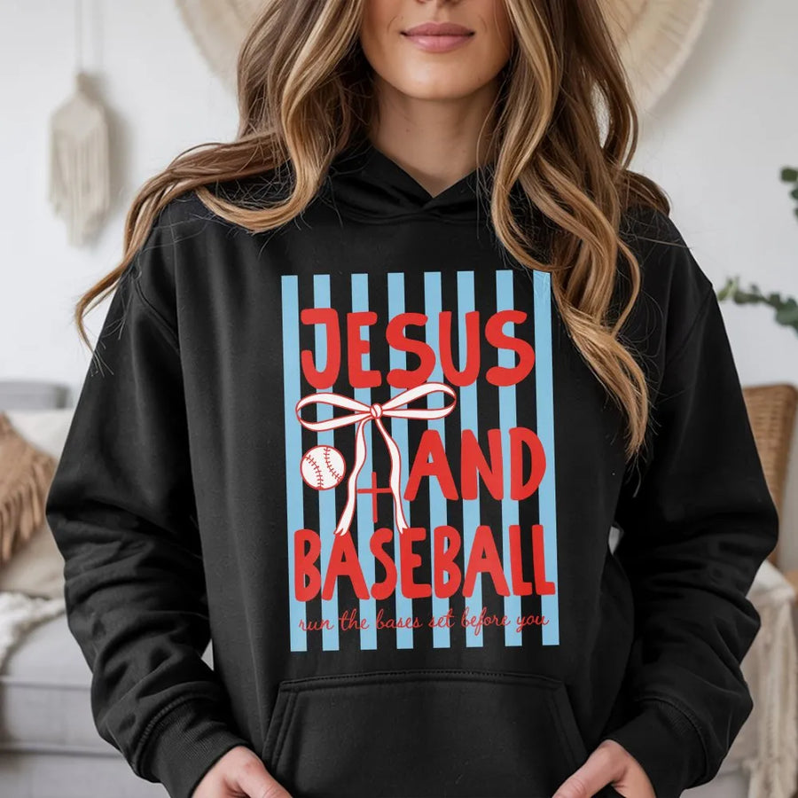 Jesus and Baseball Hoodie | Faith Based Sports Graphic | Premium Cotton Blend Apparel | Religious Gift for Baseball Fans