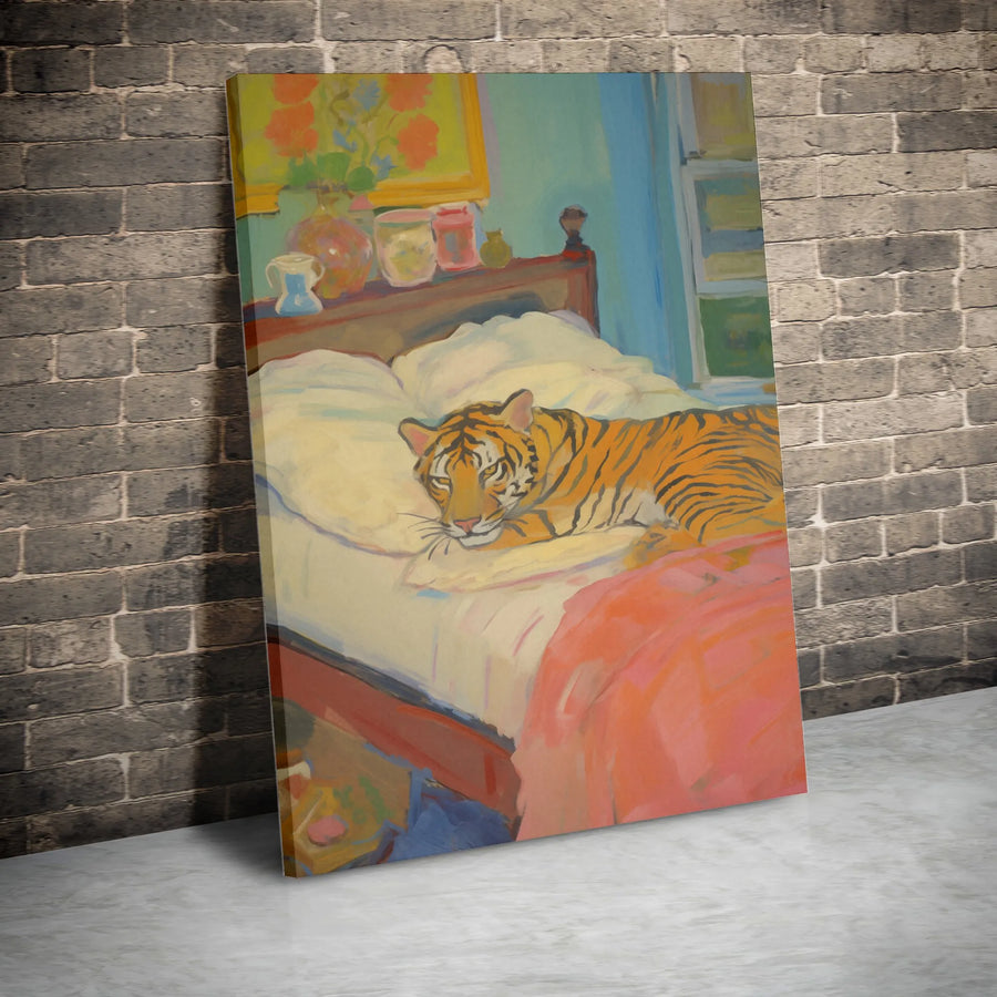 Tiger on Bed Canvas Art | Whimsical Animal Oil Painting Style Print | Premium Gallery-Wrapped Wall Decor | Unique Gift for Animal Lovers