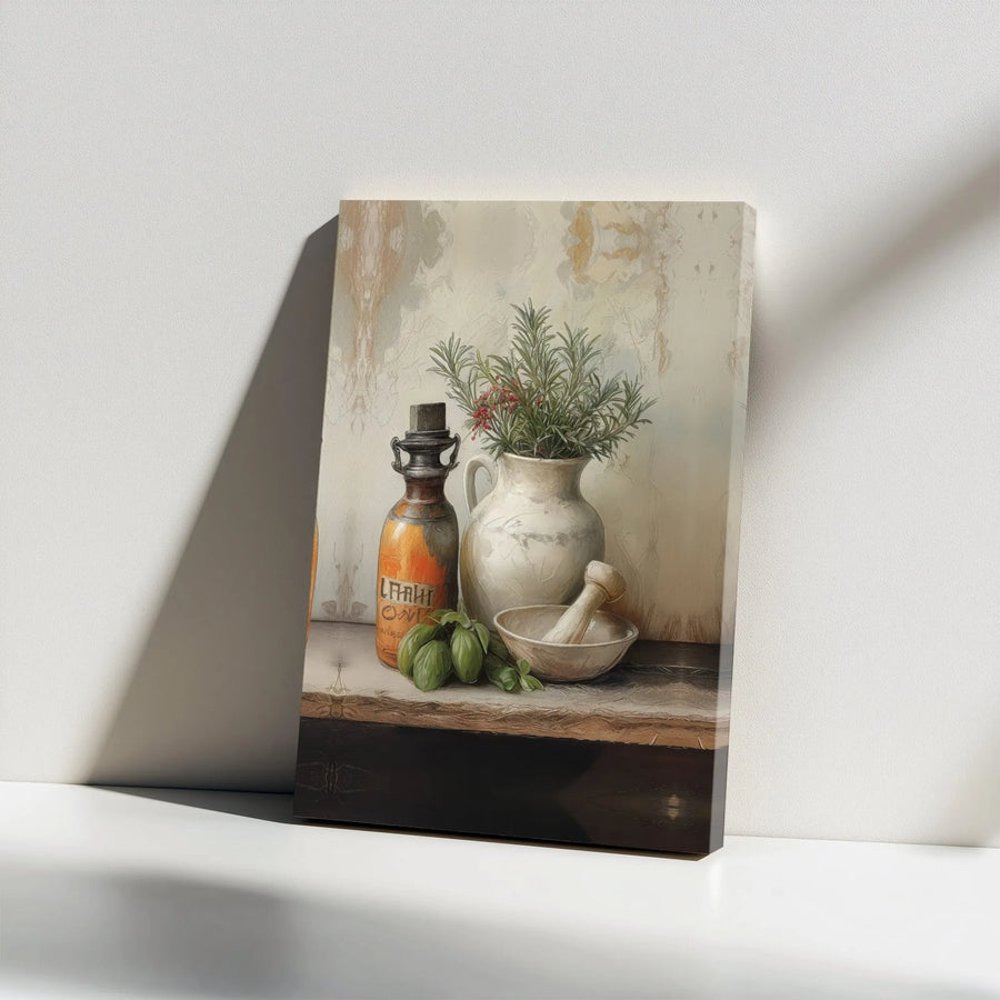 Vintage Apothecary Still Life Canvas | Herbal Kitchen Wall Art | Premium Gallery Wrapped Decor | Gift for Chef or Herb Enthusiast