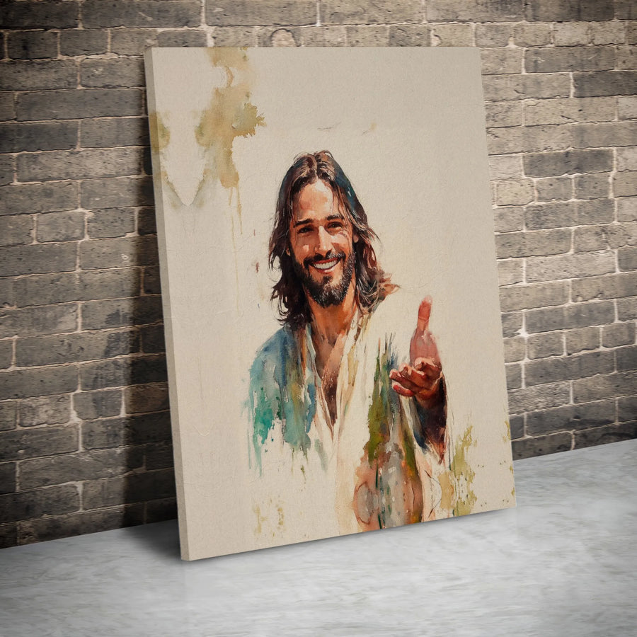 Jesus Reaching Out Canvas Art | Smiling Savior Watercolor Print | 1.25-Inch Gallery Wrap | Christian Home Decor Gift for Believers