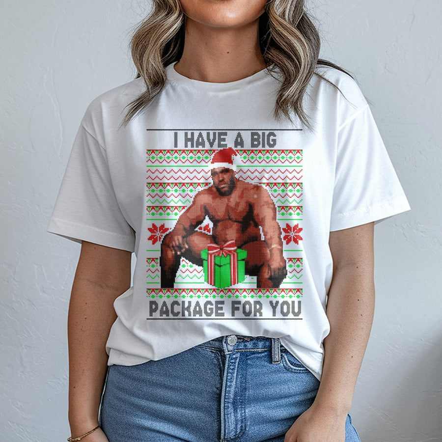 Funny Meme Ugly Christmas T-Shirt | Barry Big Package Holiday Graphic | 100% Cotton Premium Tee | Unique Gag Gift for Men and Women