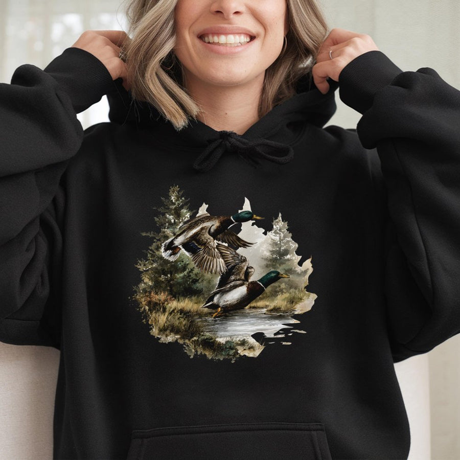 Mallard Duck Hoodie | Vintage Watercolor Wildlife Nature Print | Soft Cotton Blend Pullover | Outdoorsman Hunting Gift for Him and Her