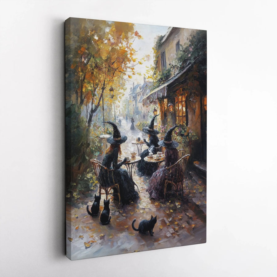 Witches Drinking Tea Canvas Print | Autumn Cafe Black Cat Art | 1.25-Inch Premium Gallery Wrap | Whimsical Fall Witchy Home Decor Gift