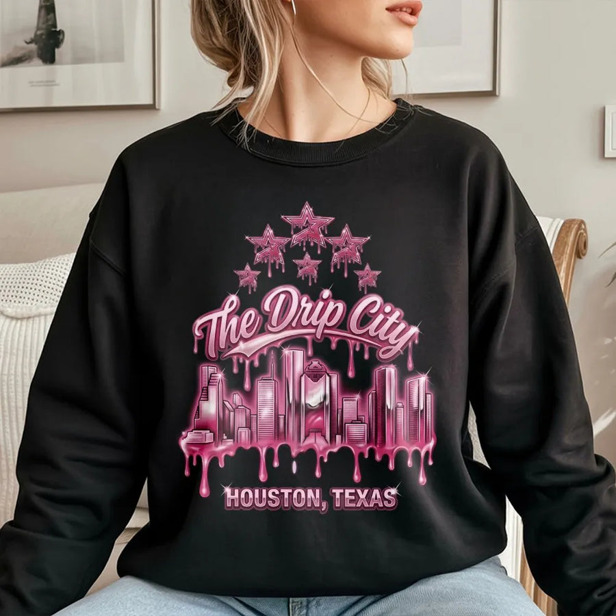Houston Texas Sweatshirt | The Drip City Graffiti Skyline Design | Premium Cotton Blend Sweatshirt | Unisex Houston Pride Gift