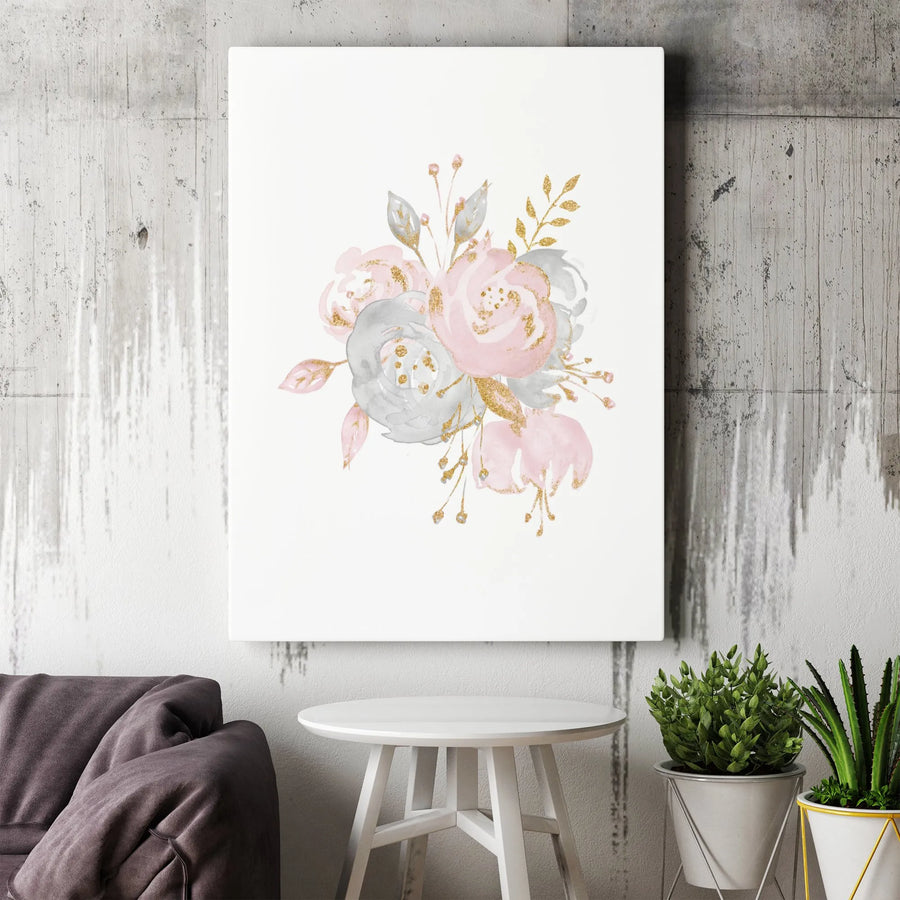Pink and Grey Floral Canvas Wall Art | Watercolor Flower Bouquet with Gold Glitter Accents | Gallery-Quality 1.25" Profile | Modern Home Decor Gift