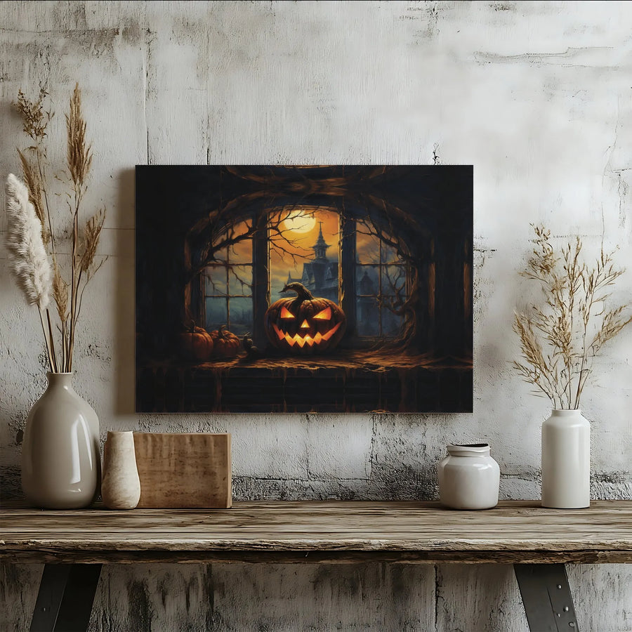 Haunted House Halloween Canvas Art | Glowing Jack-O'-Lantern Windowsill Print | Premium Gallery-Wrapped Wall Decor | Spooky Gothic Home Gift