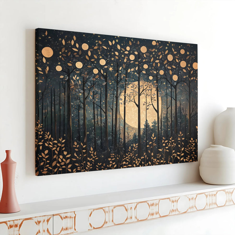 Enchanted Forest Canvas Wall Art | Celestial Woodland Scene with Gold Accents | Premium Gallery Wrap Canvas | Modern Nursery & Living Room Decor Gift