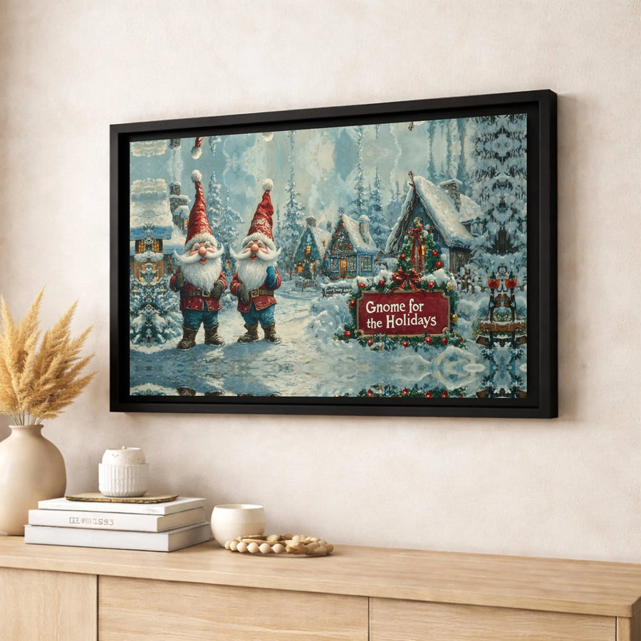 Gnome for the Holidays Wall Art | Christmas Snowy Village Painting | Premium Gallery Wrap Canvas | Festive Winter Home Decor Gift