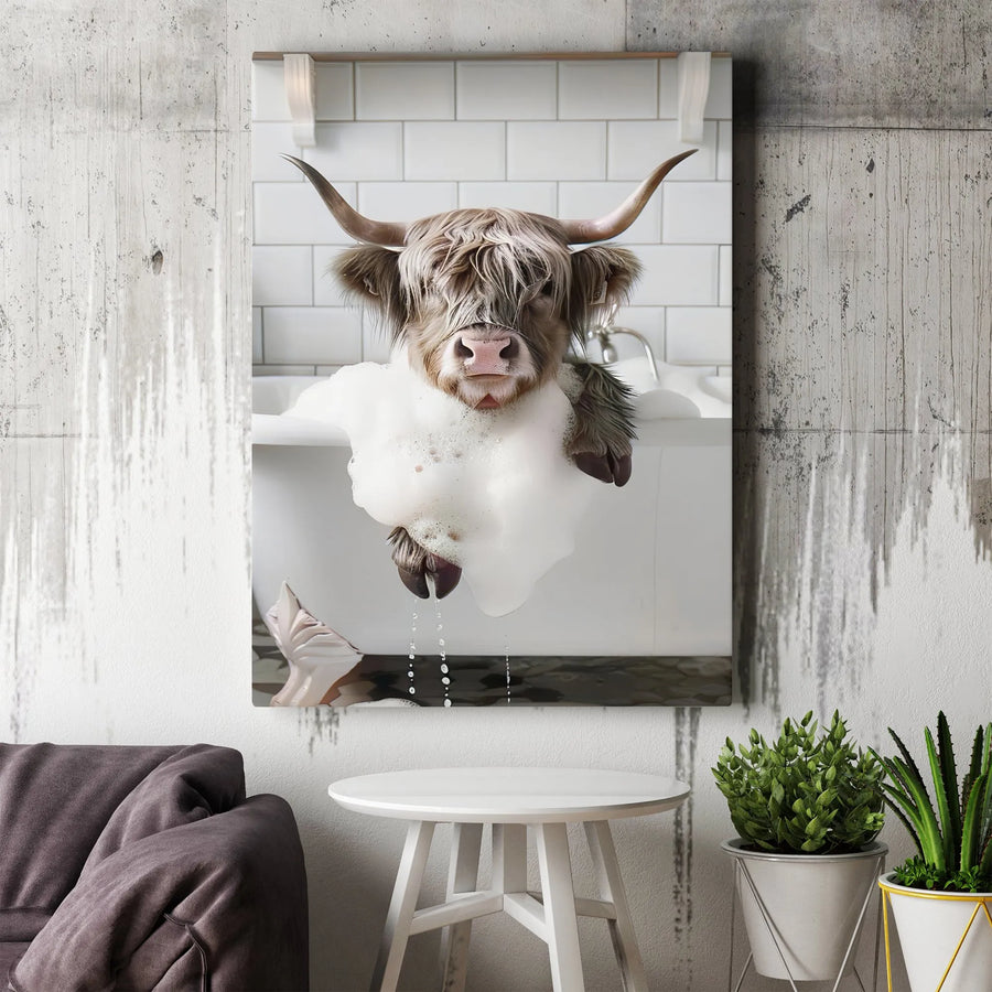 Highland Cow Bathing Wall Art | Funny Farmhouse Animal in Bathtub | Premium 1.25" Thick Canvas Print | Cute Bathroom Decor for Home Gift