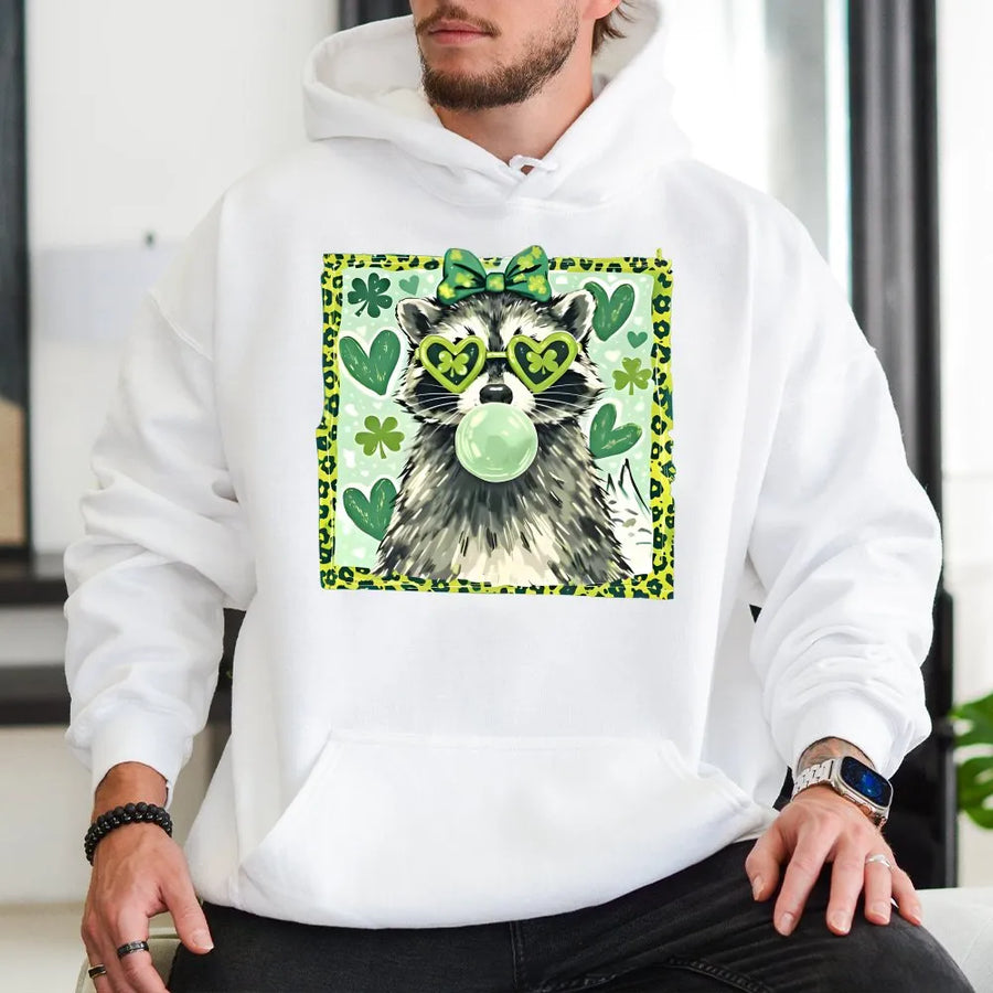 Lucky Raccoon Hoodie | St. Patrick's Day Shamrock Sunglasses Design | Premium Cotton Blend | Cute Irish Animal Gift For Her