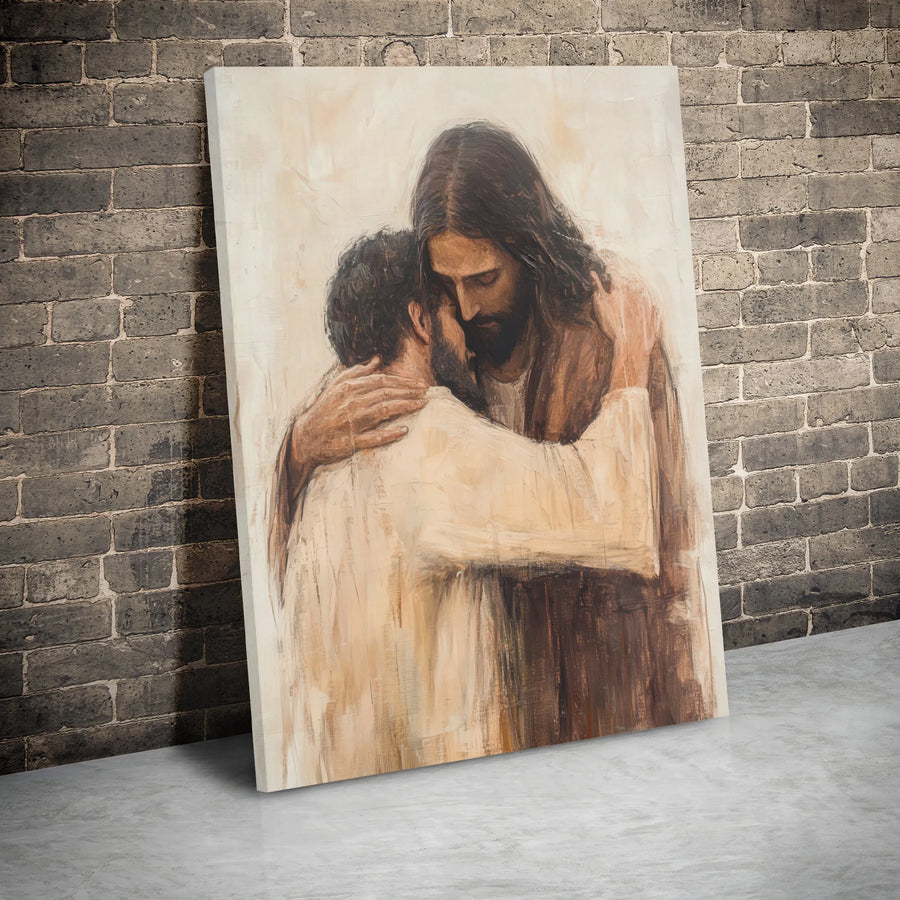 Jesus Embracing A Man Canvas Print | Christian Wall Art | 1.25" Gallery Wrap | Religious Home Decor Gift for Believers