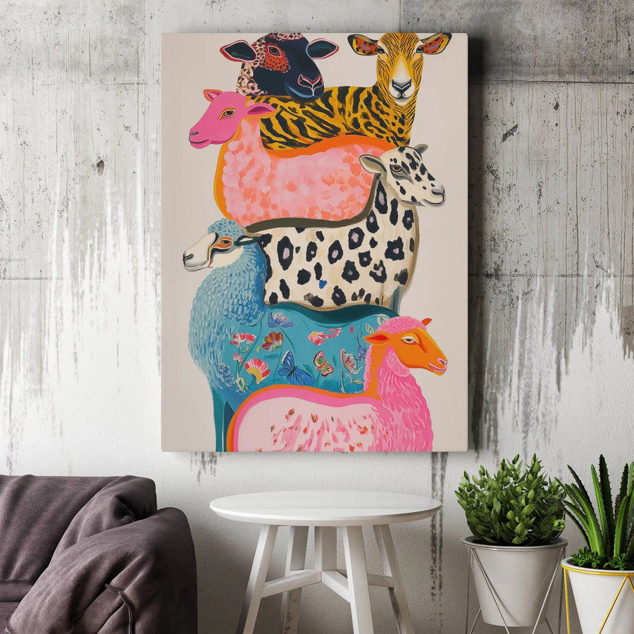 Whimsical Stacked Sheep Wall Art | Colorful Farmhouse Animal Print | Gallery Quality Premium Canvas | Unique Nursery or Farm Decor Gift