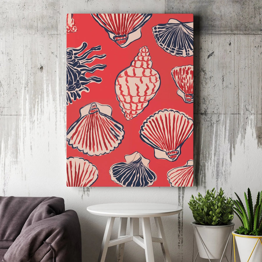 Coastal Seashell Canvas Wall Art | Red White and Blue Nautical Print | Gallery Quality 1.25 Inch Wrap | Beach House Decor Gift