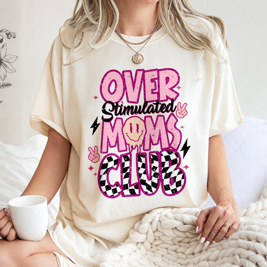 Over Stimulated Moms Club T-Shirt | Retro Pink Smiley Face Graphic | 100% Premium Cotton | Funny Gift for Tired Moms and New Mothers
