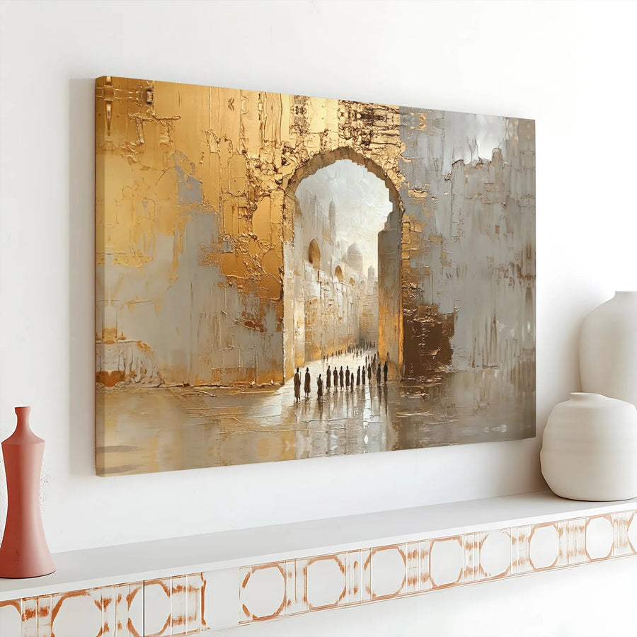 Abstract Gold And Grey Archway Canvas Wall Art | Textured Oil Style Landscape | Premium 1.25-inch Gallery Wrap | Modern Home Decor Gift