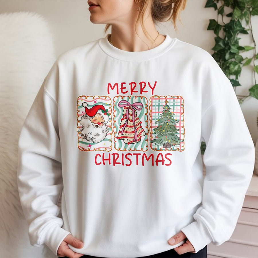 Merry Christmas Sweatshirt | Retro Santa & Tree Graphic | Premium Cotton Blend | Cozy Holiday Gift for Women & Men