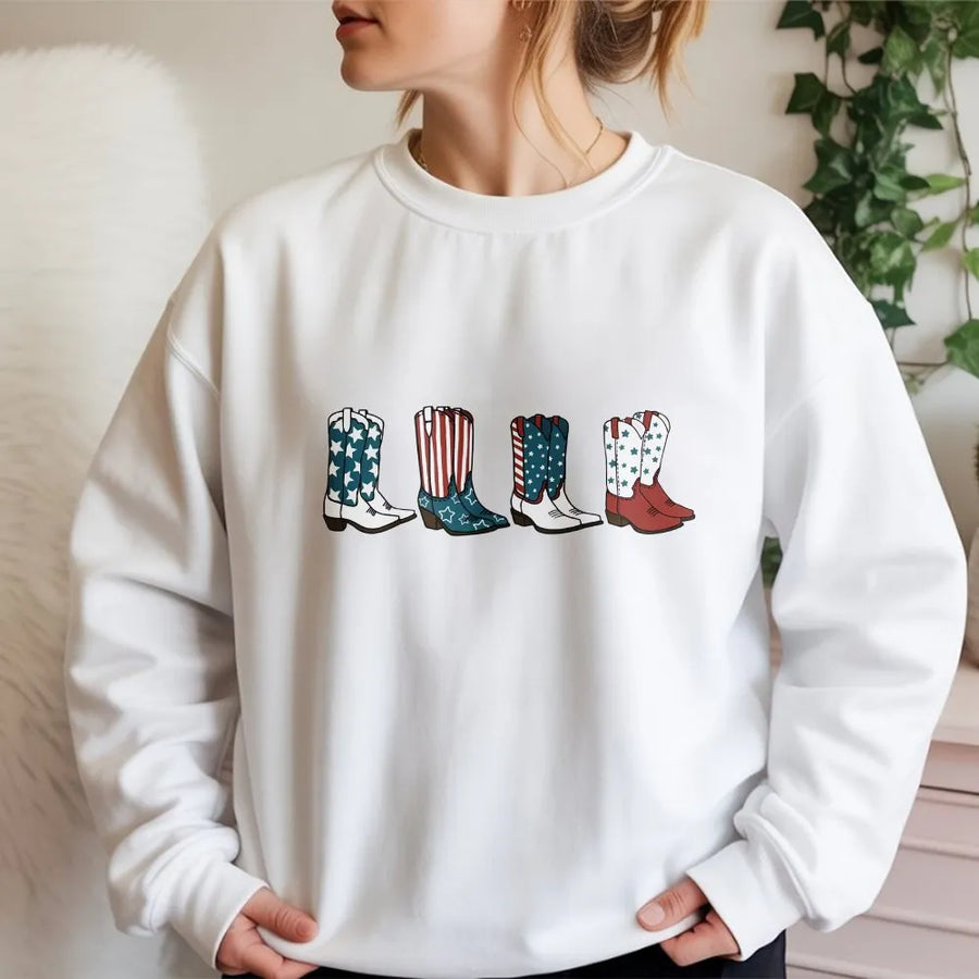 Patriotic Cowgirl Sweatshirt | American Flag Cowboy Boots Graphic | Soft Cotton Blend | 4th of July USA Gift for Women