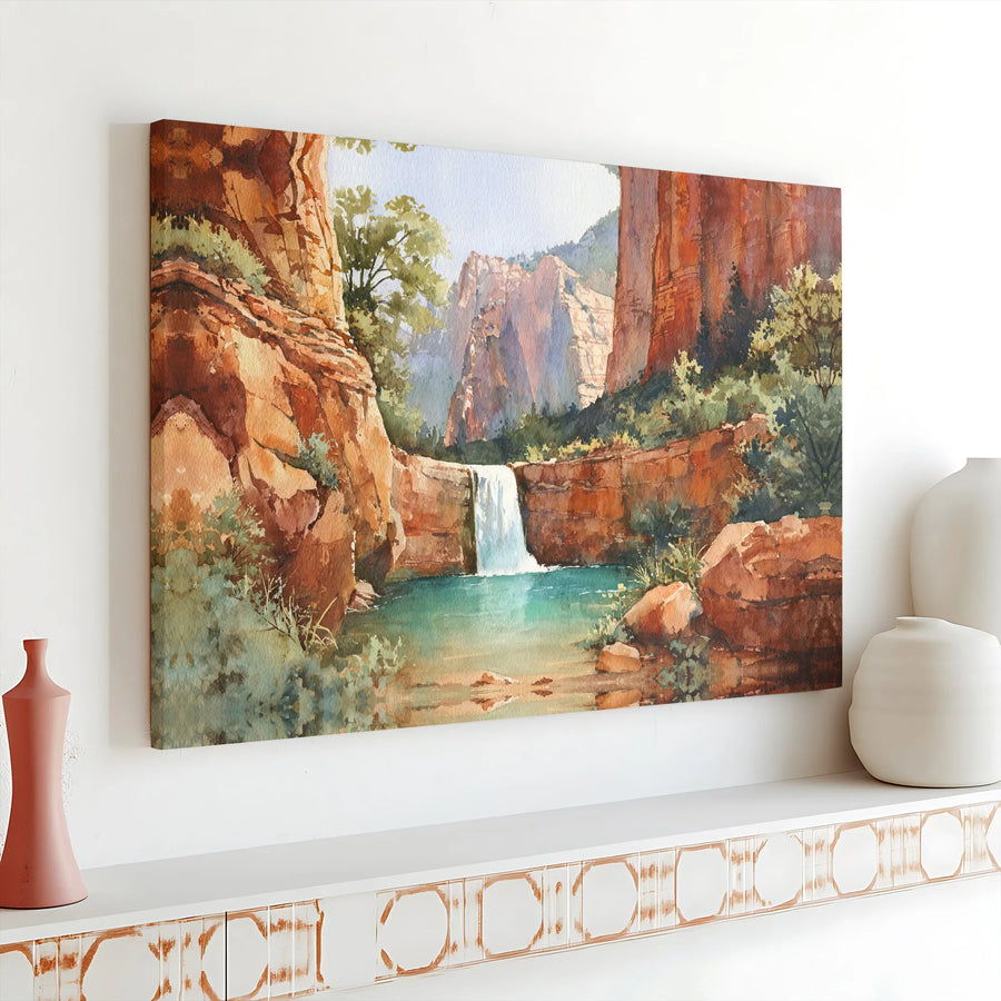 Red Rock Canyon Waterfall Wall Art | Watercolor Landscape Canvas Print | Premium Gallery Wrap 1.25" Frame | Southwestern Nature Home Decor