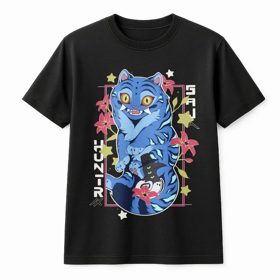 Cute Tiger Graphic T-Shirt | Anime Style Blue Cat Design | Premium Soft Cotton | Y2K Streetwear Apparel for Anime Lovers