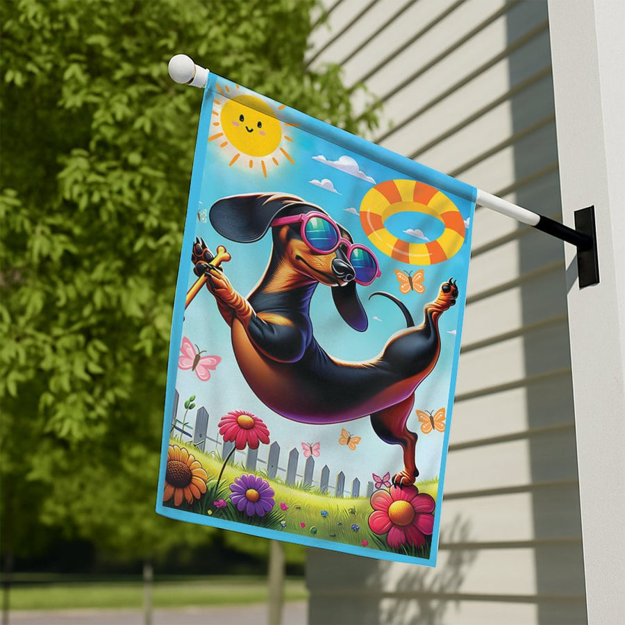 Dachshund Summer Garden Flag | Funny Wiener Dog Sunglasses Art | UV-Resistant Polyester | Decorative Garden Gift for Dog Lovers