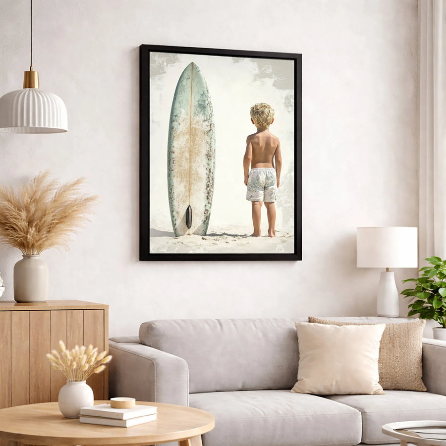 Beach Wall Art Surfboard Print | Little Boy Summer Coastal Decor | Gallery Quality Canvas | Modern Home Wall Decor Gift