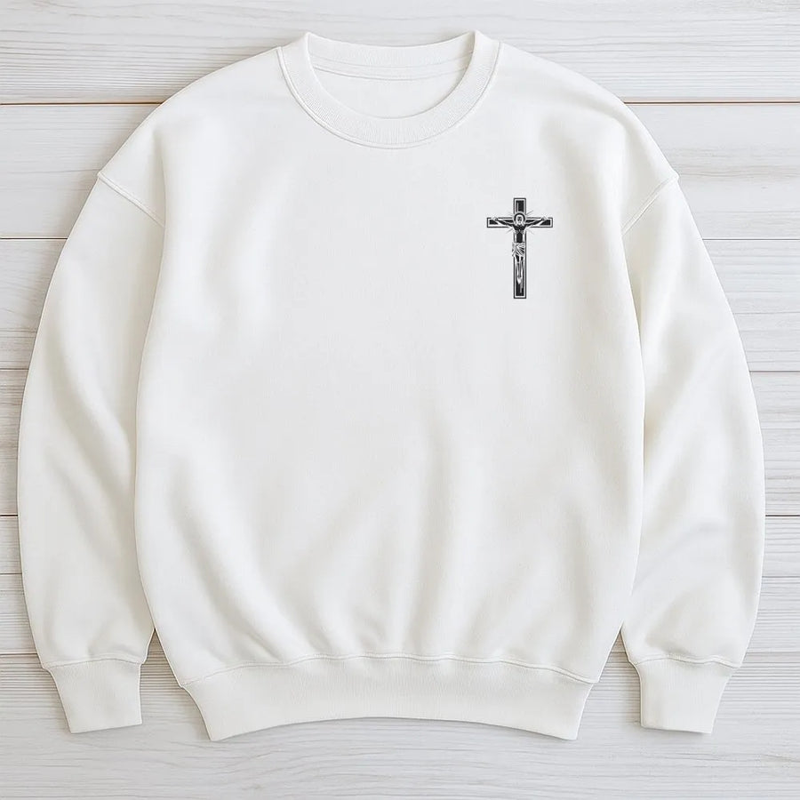 Crucifix Sweatshirt | Minimalist Jesus Cross Chest Graphic | Premium 100% Cotton | Religious Faith Gift for Men & Women