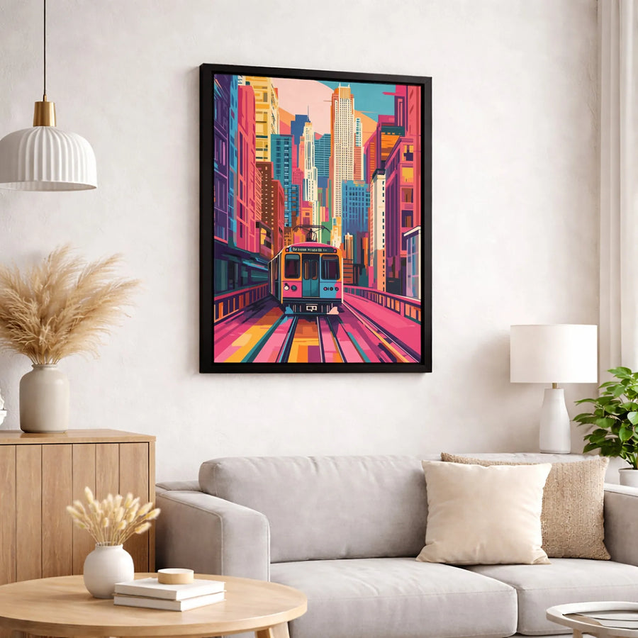 Cityscape Train Canvas Art | Colorful Urban Pop Art Print | 1.25-Inch Gallery Wrap | Modern Home Office Decor Gift