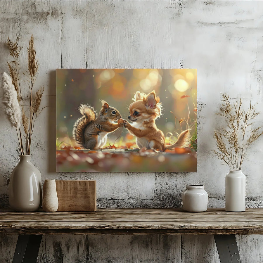 Chihuahua and Squirrel Canvas Wall Art | Whimsical Autumn Forest Friends Print | Premium Gallery Wrapped Canvas | Nursery Decor Gift for Dog Lover